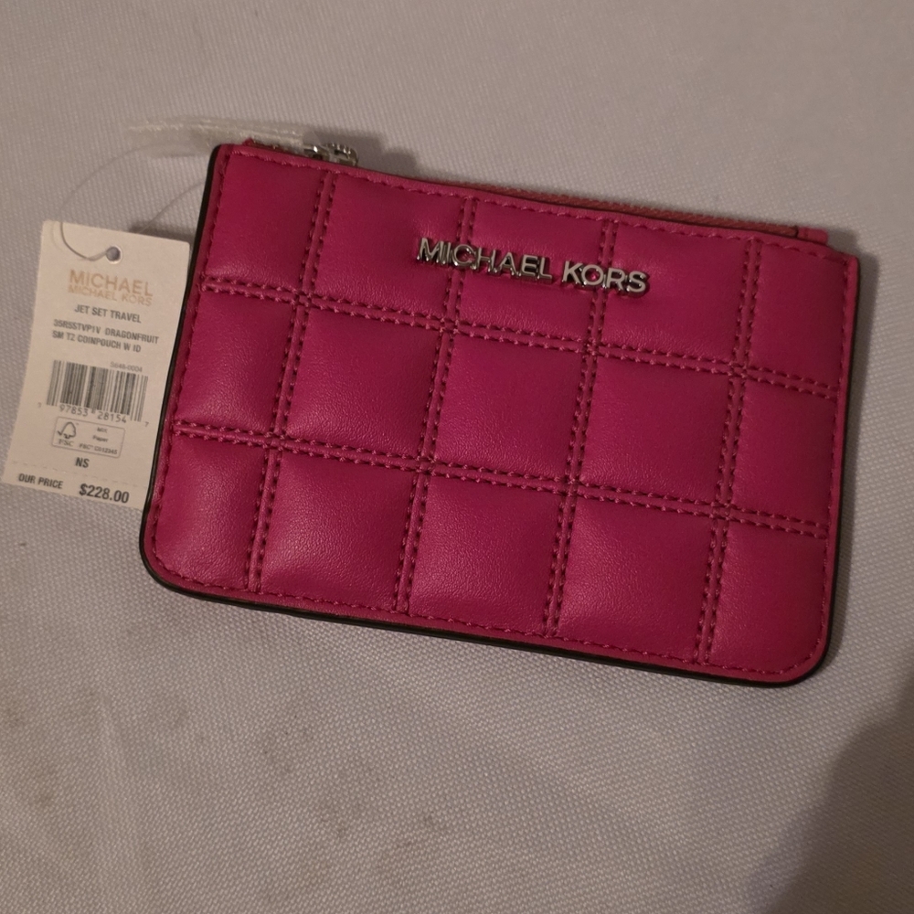NWT Michael Kors Hot Pink Leather Coinpouch And ID Holder $228 MSRP